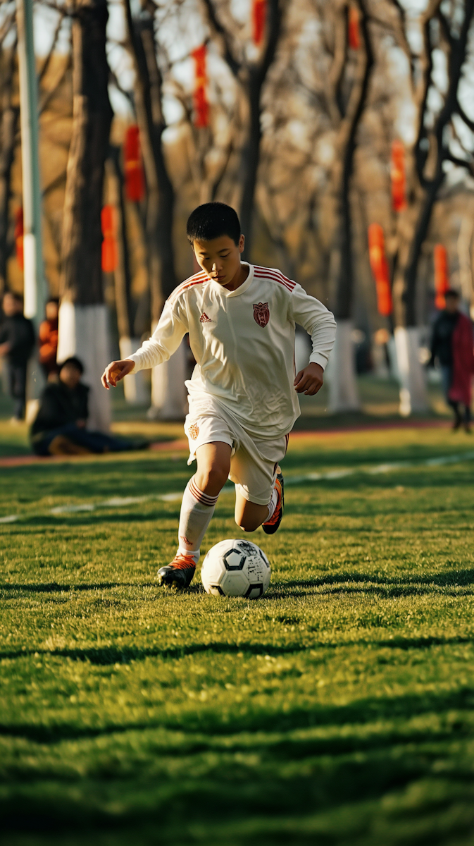 focused young soccer player in action